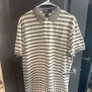 Polo by Ralph Lauren Men's Gray and White Striped Polo Shirt
